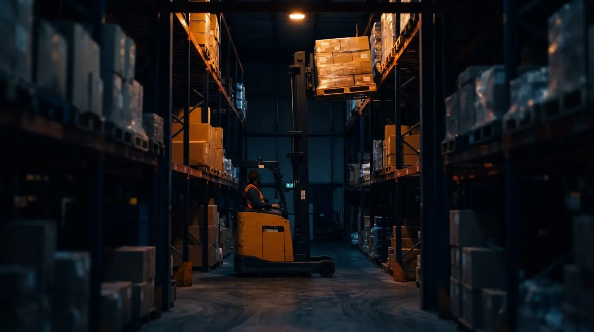 Magazijnstellingen met pallets in warm amberlicht